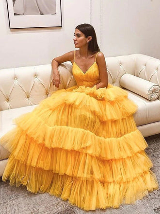 Charming V-neck Spaghetti-strap Ruffle A-line Long Prom Dress, PD3138