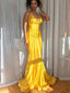 Sexy Gold Yellow Spaghetti Strap V-neck Mermaid Long Prom Dress, PD3160