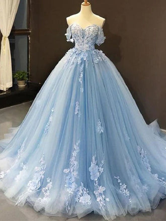 Elegant Pale Blue Off-shoulder Sweetheart Lace A-line Long Prom Dress, Ball Gown, PD3165