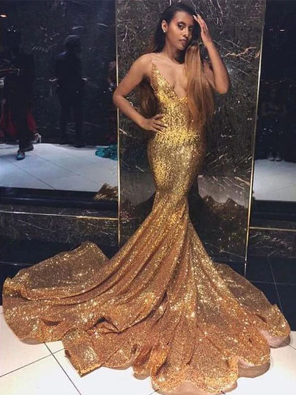 Sexy Sparkly Gold Spaghetti Strap Deep V-neck Mermaid Trumpet Long Prom Dress, PD3179