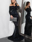 Sparkly Black Off-shoulder Long Sleeves Mermaid Floor-length Prom Dress, PD3182