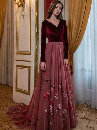 Burgundy Velvet Top V-neck A-line Floral Train Long Prom Dress, PD3210