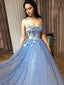 Sparkly Blue Spaghetti Straps Floral Top A-line Long Prom Dress, PD3242