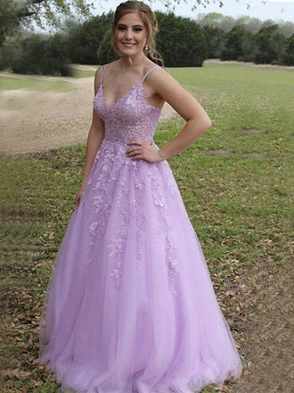 Lavender Spaghetti Straps V-neck A-line Lace Top Long Prom Dress, PD3252