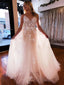 Sexy Pink Spaghetti Straps Half-open Back A-line Lace Top Tulle Long Prom Dress, PD3255