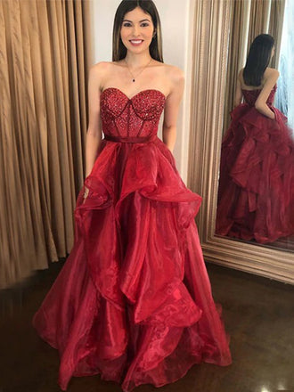 Sexy Burgundy Strapless Sweetheart Sparkling Top A-line Long Prom Dress, PD3264