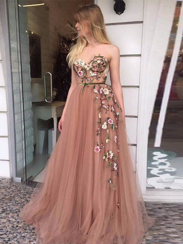 Sexy Dusty Pink Sweetheart Strapless Lace Top A-line Long Prom Dress, PD3266
