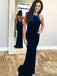 Sexy Navy Blue Velvet Open Back Mermaid Long Prom Dress, PD3267