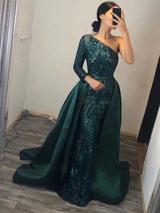 Dark Green One-shoulder Sparkly Lace Mermaid Long Detachable Prom Dress, PD3337