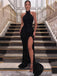 Sexy Black Sparkly Halter Side-slit Mermaid Long Prom Dress, PD3410