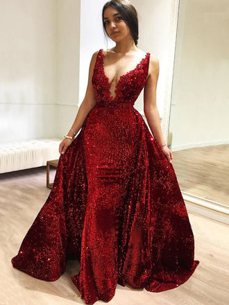 Sexy Sparkly Dark Red Spaghetti Straps V-neck Mermaid Detachable Long Prom Dress, PD3430