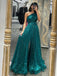 One-shoulder Sparkly Teal Green A-line Long Prom Dresses, PD3462