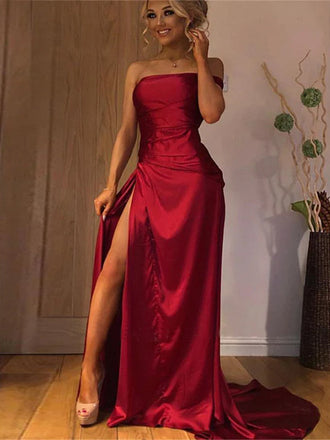 One-shoulder Dark Red High Side-slit Mermaid Long Tail Prom Dress, PD3472