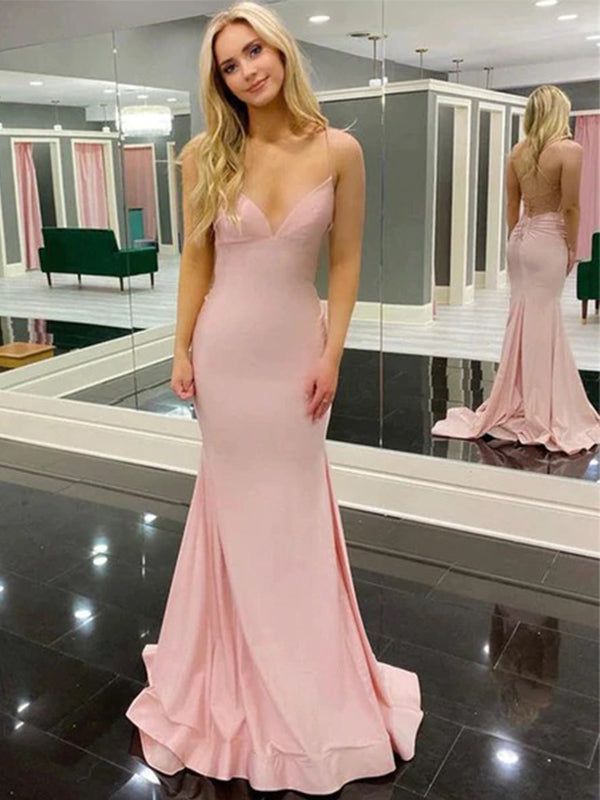 Blush Pink Spaghetti Straps Open Back V-neck Simple Mermaid Prom Dress, PD3476