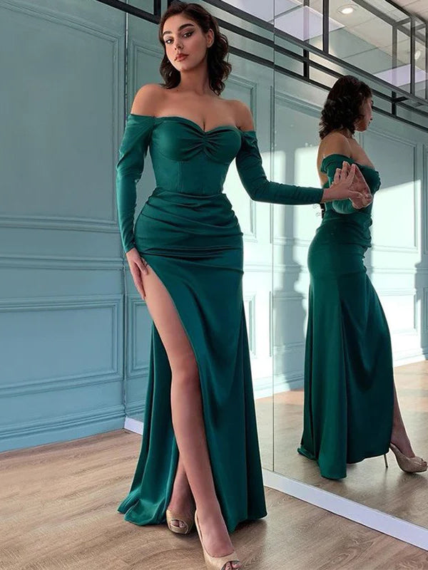 Sexy Off-shoulder Emerald Green Off-shoulder Sweetheart Side-slit Mermaid Long Prom Dress, PD3482