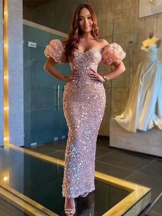 Shiny Pink Off-shoulder Sweetheart Sexy Mermaid Long Prom Dress, PD3491