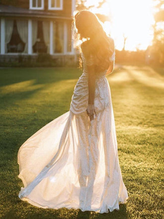 Elegant Sparkly Off-shoulder White Side Slit Sheath Long Prom Dress, PD3568