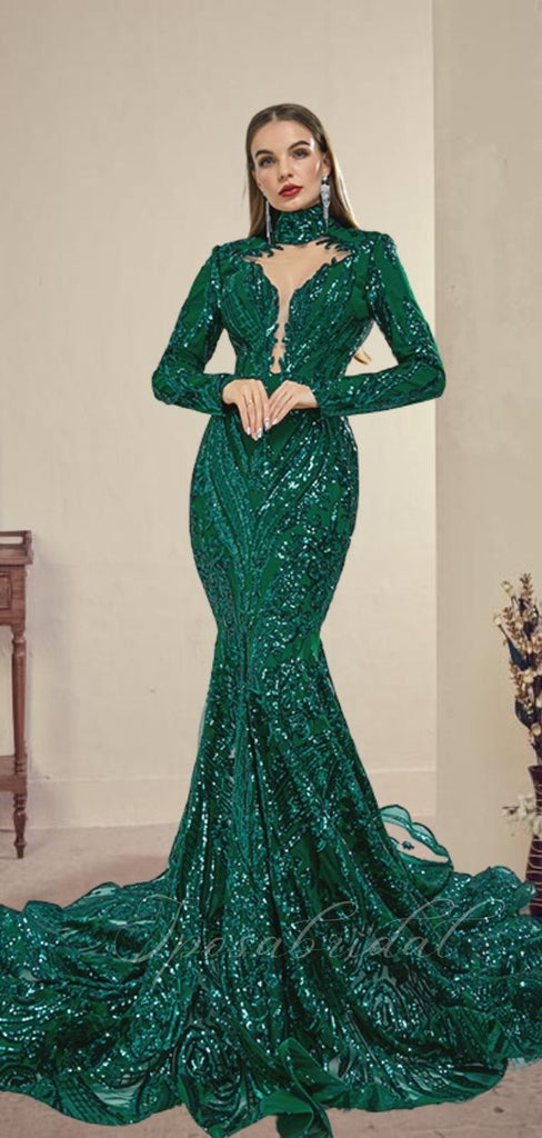 Luxurious Emerald High-neck Long Sleeves Sequin Lace Mermaid Long Prom Dress, PD3574