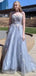 Pale Blue Spaghetti Straps Lace Top A-line Organza Long Prom Dress, PD3241