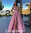 Sexy Satin Spaghetti Straps V-Neck Sleeveless Side Slit A-Line Long Prom Dresses,PD3691