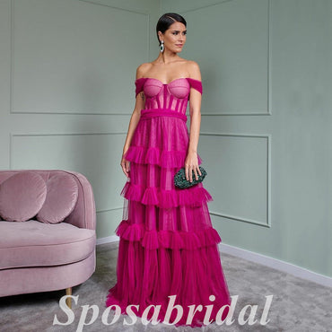 Sexy Tulle Off Shoulder Sleeveless A-Line Long Prom Dresses,PD3700
