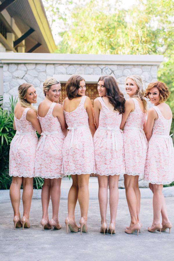 Pink Full Lace Short Sleeveless Bridesmaid Dresses, Cheap Popular Wedding Guest Dresses , WG293