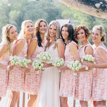 Pink Full Lace Short Sleeveless Bridesmaid Dresses, Cheap Popular Wedding Guest Dresses , WG293