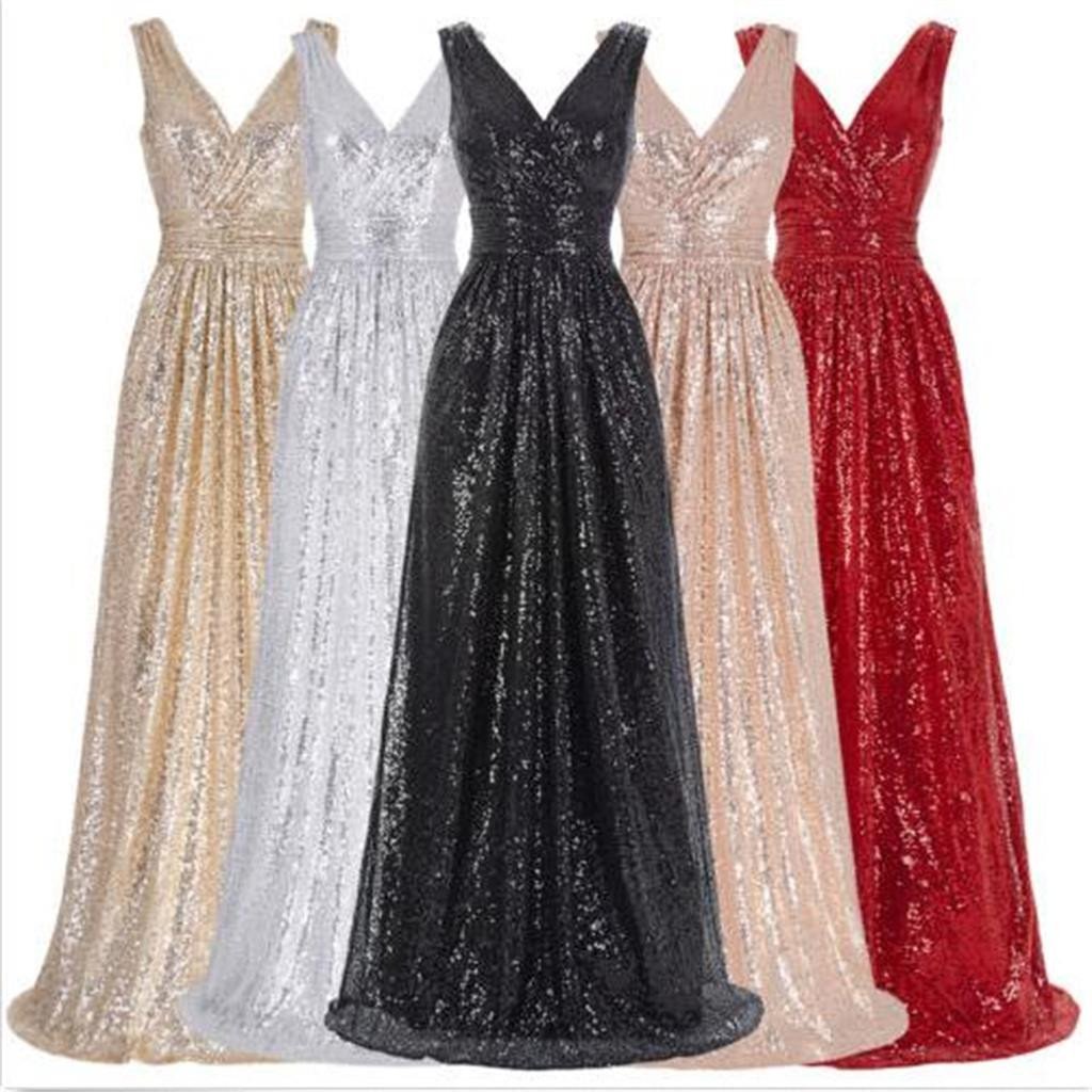 Long V-Neck Sequin Sparkly A-Line Red Black  Silver Bridesmaid Dresses , PD0299