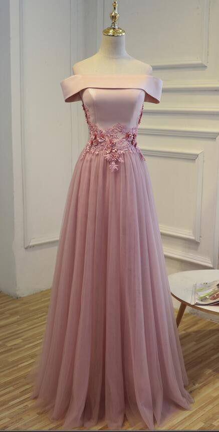 Long Off Shoulder Tulle with Lace Appliques Prom Dresses, Formal Bridesmaid Dresses , PD0347