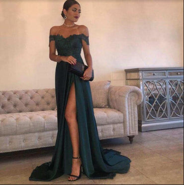 Emerald and Burgundy Lace Top Off Shoulder Side-slit A-line Prom Dresses, PD0692