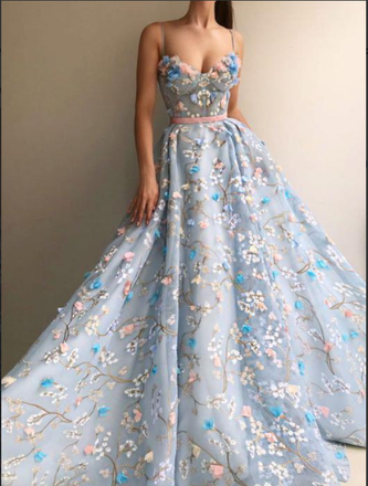 Spaghetti Strap 3D Flower Applique Sky Blue Prom Dresses Ball Gowns, PD0838