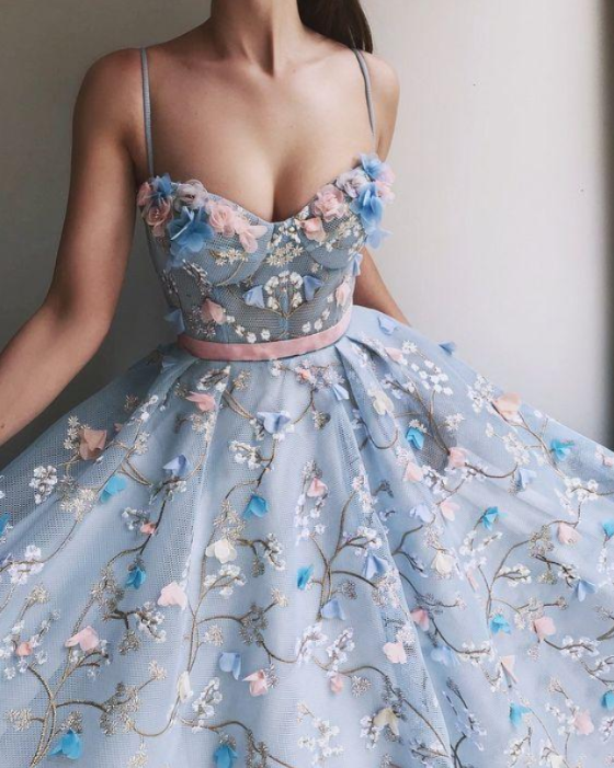 Spaghetti Strap 3D Flower Applique Sky Blue Prom Dresses Ball Gowns, PD0838
