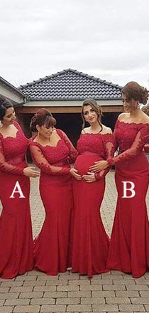 Red Lace Mermaid Long Sleeves Mismatched Long Wedding Bridesmaid Dresses , WG257