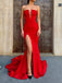 Sexy Strapless Black or Red V-neck Mermaid Side Slit Simple Prom Dresses, PD2168