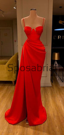 Red Spaghetti Straps Slit Satin Cheap Simple Modest Prom Dresses PD2088