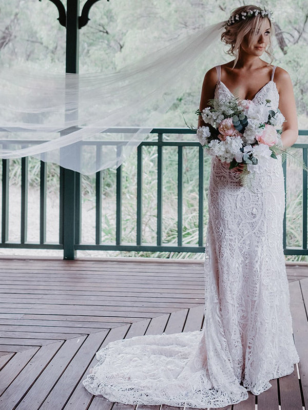 Sexy Boho Rustic Cocktail Lace Modest Long Wedding Dress, WD0583