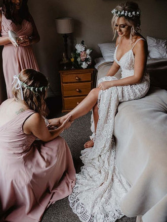 Sexy Boho Rustic Cocktail Lace Modest Long Wedding Dress, WD0583