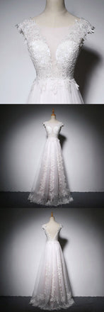 Scoop Neck  V-Back Long Floor-Length Lace Appliques Beach Popular Wedding Dresses,WD0298