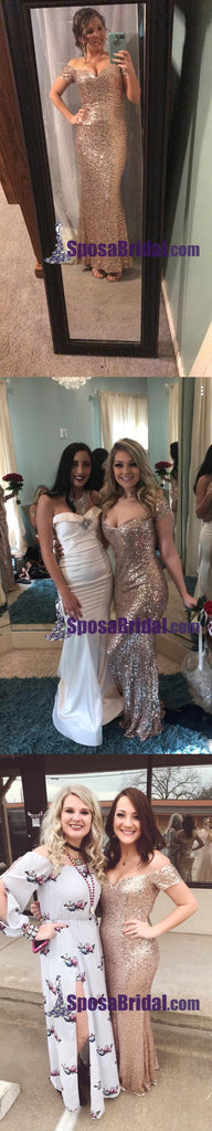 Sequin Mermaid Off Shoulder Long Bridesmaid Dresses, Sparkly Elegant Formal Popular Prom dresses, WG244