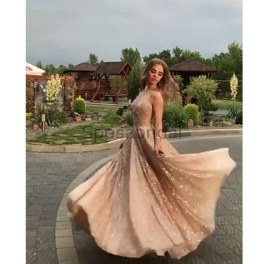 Sequin Sparkly Shining A-line Sleeveless Pincess Modest Long Prom Dresses PD1596