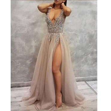 Sequin Sparkly V-Neck A-Line Tulle Side Slit Modest  Elegant Prom Dresses,PD1206