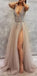 Sequin Sparkly V-Neck A-Line Tulle Side Slit Modest  Elegant Prom Dresses,PD1206