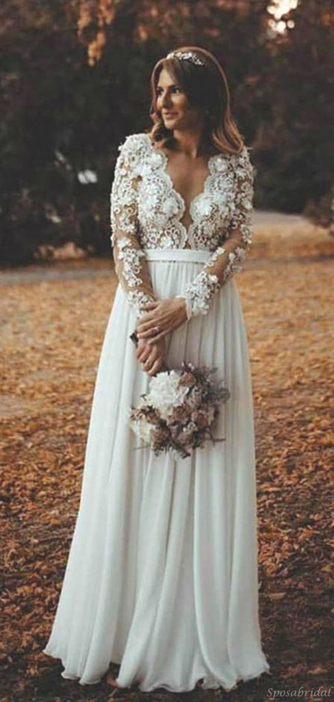 Sexy A-line Long Sleeves Lace Vintage Side-slit Long Wedding Dresses, WD0537