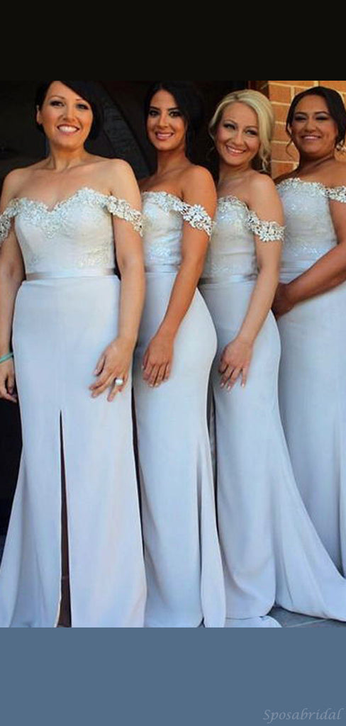 Sexy Dusty Blue Sweetheart Lace Off-shoulder Mermaid Side-slit Long Bridesmaid Dress, BD3105