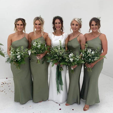 Sexy One-shoulder Spaghetti Strap Sage Green Cheap Mermaid Long Bridesmiad Dresses, WG761