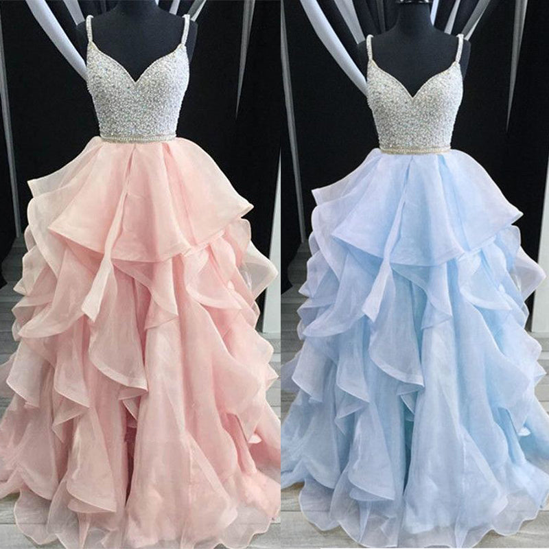Sexy Pink and Blue, Champagne Sparkly Top Open Back Pretty A-line Prom Dresses, PD0654