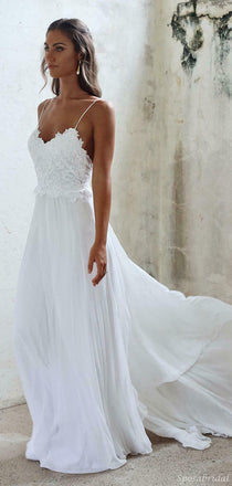 Sexy Spaghetti Strap Backless Lace Top A-line Cheap Beach Wedding Dresses, WD311