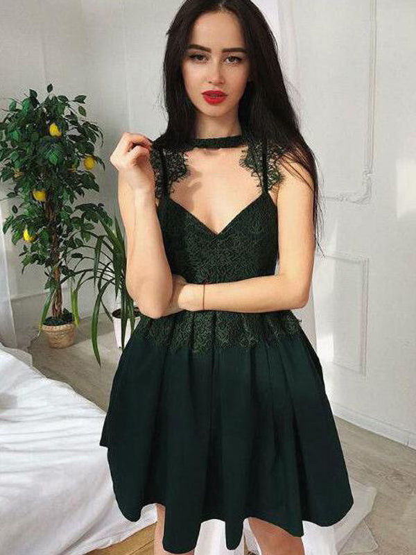 Sexy V-neck Spaghetti Strap Lace Top Dark Green A-line Short Homecoming Dresses, BD0231