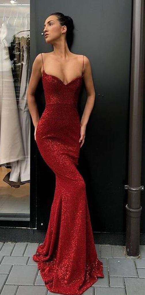 Charming Sexy Spaghetti Straps Cheap Silver Red Sequins Mermaid Long Prom Dresses, PD0978