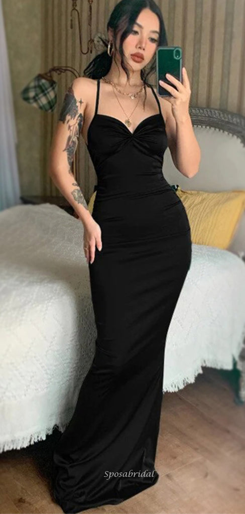 Sexy Green, Black Open Back Sweetheart Spaghetti Straps Mermaid Long Prom Dresses, PD3578